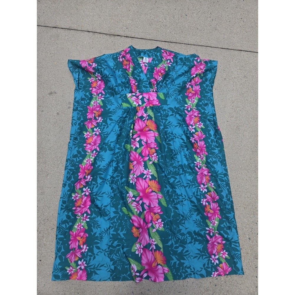 Vintage 80s Royal Creations Hawaiian Teal Orchid Floral Muumuu Dress Tiki O/S - Picture 3 of 5